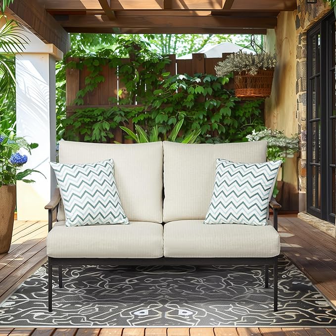 NATURAL EXPRESSIONS Patio Loveseat Sofa Outdoor Furniture Metal Chair with Wicker Backrest & 6 Inches Cushion for Indoor - Photo 9