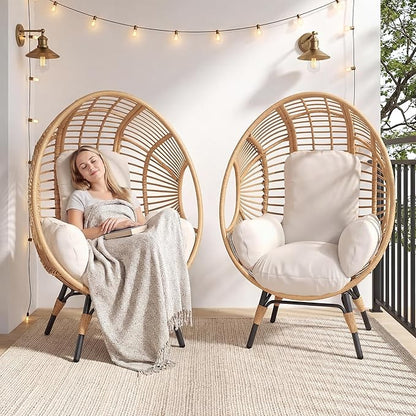 Oversized Wicker Egg Chair, Outdoor Indoor Rattan Patio Egg Lounge Chairs with Cushion 500lbs Capacity for Living Room, Balcony, Backyard (2 PCS, Beige-Regular)