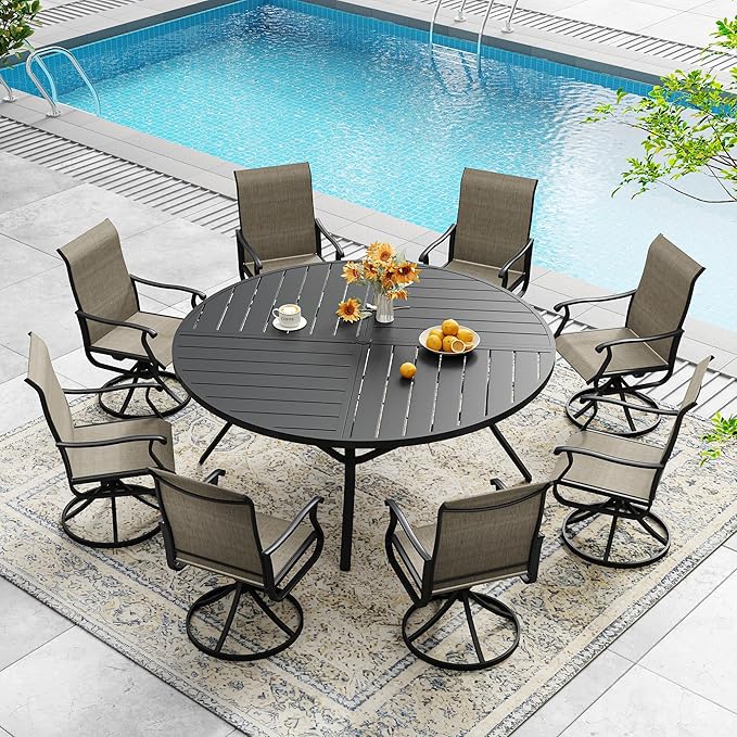 DIFY 59.8" Round Outdoor Patio Dining Table for 8-10, All-Weather Metal Steel Slatted Patio Table with 1.57" Adjustable Umbrella Hole, for Lawn Garden Porch Backyard, Black