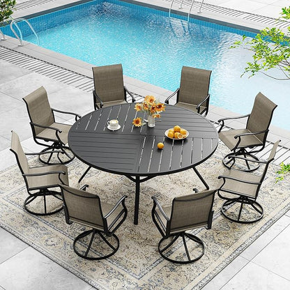 DIFY 59.8" Round Outdoor Patio Dining Table for 8-10, All-Weather Metal Steel Slatted Patio Table with 1.57" Adjustable Umbrella Hole, for Lawn Garden Porch Backyard, Black