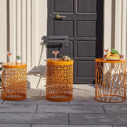 Y&M Set of 3 Meatal Round Side Tables, Multifunctional Coffee Table End Table for Indoor, Outdoor Garden Stool-Orange