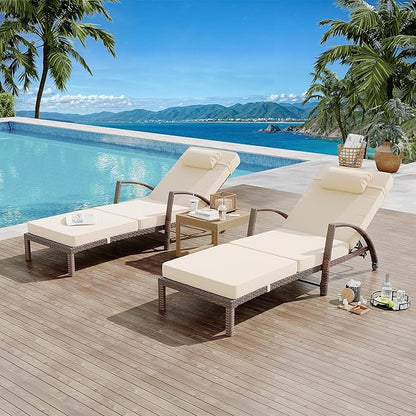Chaise Lounge Chairs Set of 2 for Outdoor, Adjustable 5 Position PE Rattan Wicker Patio Folding Lounge with Arm, Cushion, Pillow and Wheels for Backyard, Poolside, Deck (Beige)
