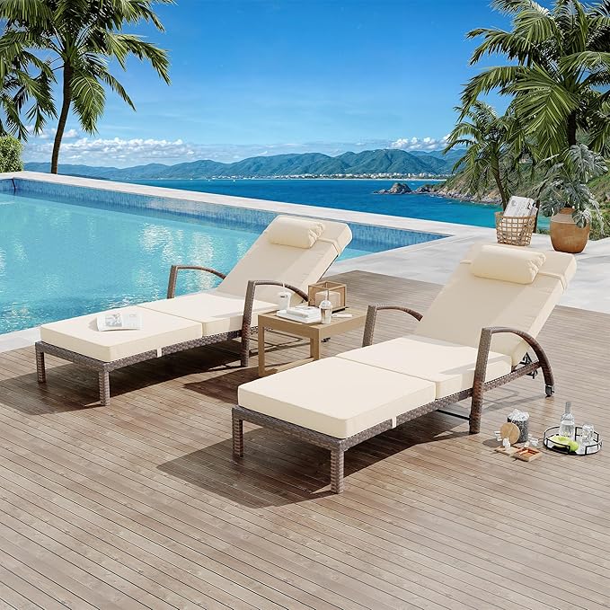 Garvee Chaise Lounge Outdoor Set of 2, PE Rattan Wicker Pool Lounge Chairs with 5-Level Adjustable Backrest - Photo 1