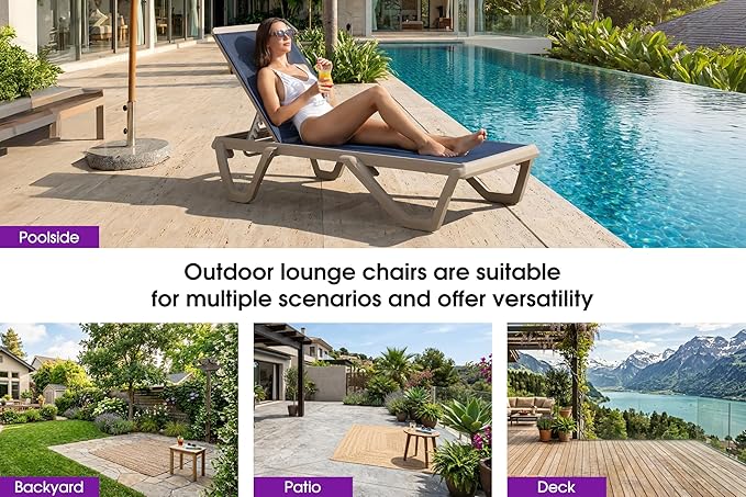 PURPLE LEAF Outdoor Chaise Lounge Chair Set of 2 Pool Lounge Chair with Champagne Aluminum Plastic Stackable Patio Lounge Chair for Poolside Sunbathing Beach Deck Yard, Navy Blue