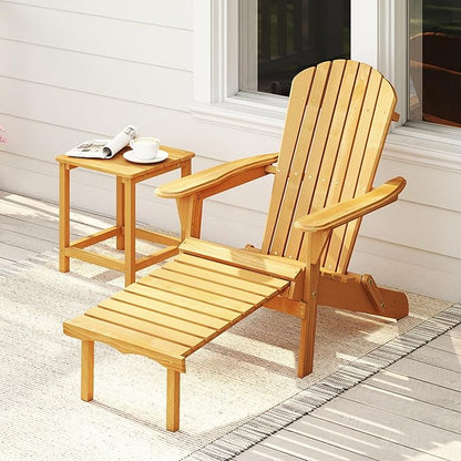 Wooden Folding Adirondack Chair with Ottoman, Pre-Assembled Backrest and Seat Board, Lounge Chair for Outdoor Patio Garden Lawn Backyard Firepit Deck Pool Beach