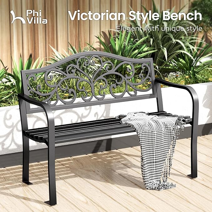 PHI VILLA 43 Inch Cast Iron Steel Frame Outdoor Garden Bench, Patio Furniture Chair Bench w/Floral Design Backrest - Photo 3
