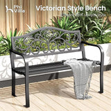 PHI VILLA 43 Inch Cast Iron Steel Frame Outdoor Garden Bench, Patio Furniture Chair Bench w/Floral Design Backrest - Photo 3