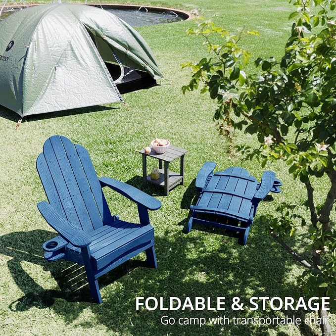 LUE BONA Folding Adirondack Chair Set of 5, HDPS Weather Resistant Outdoor Patio Chair for Balcony Garden, 350lbs Heavy Duty, One-Step No-Pin Folding, Wood Grain Texture, Fire Pit Seating, Navy Blue