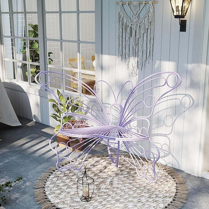Purple Cute Butterfly Benches for Outdoors, Pretty Garden Bench & 50" Metal Outside Bench, Front Porch Benches Outdoor with Sturdy Frame for Lawn Yard Balcony (Purple)