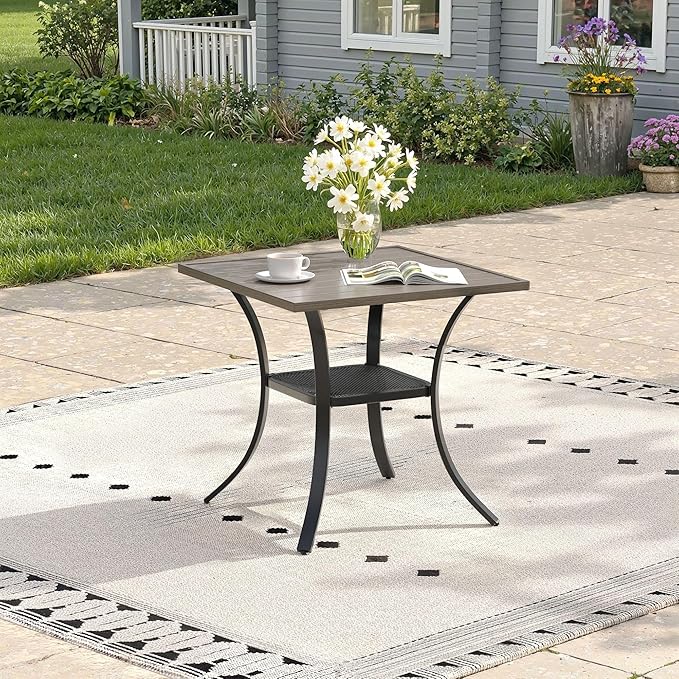 Outdoor Dining Table with Storage Shelf, 27.5" All-Weather Square Patio Dining Table for 2, Metal Patio Table for Garden Lawn Porch Deck Yard, Grey