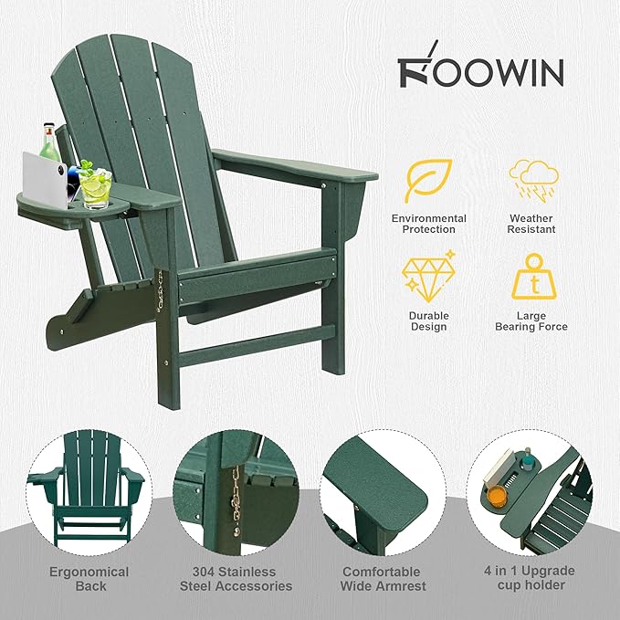 FOOWIN Folding Adirondack Chair Set of 2, HDPE Adirondack Chairs with Cup Holder - Photo 6