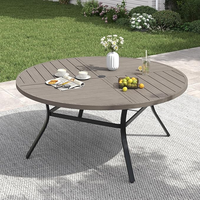 VICLLAX 53" Round Patio Table with Umbrella Hole, All Weather Metal Outdoor Dining Table for 6-8, Outside Table for Lawn Garden, Grey Wood-Grain Finish