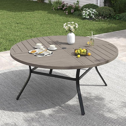 VICLLAX 53" Round Patio Table with Umbrella Hole, All Weather Metal Outdoor Dining Table for 6-8, Outside Table for Lawn Garden, Grey Wood-Grain Finish