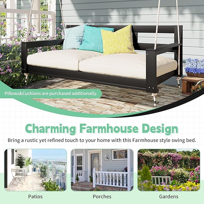 LUMISOL Twin Size Porch Swing Daybed Frame, Garden Porch Swing Bench Chair with 4 Hanging Ropes for Backyard Outdoor - Photo 5