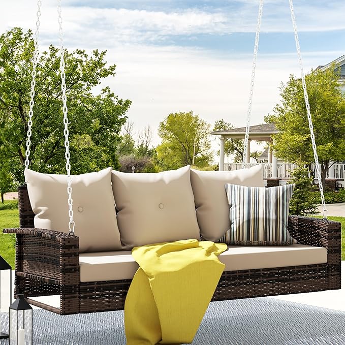 DWVO 3 Seats Porch Swing Hanging Bench Swing Outdoor Wicker Patio Swing Lounge Front Rattan 794lbs for Garden, Balcony - Photo 1