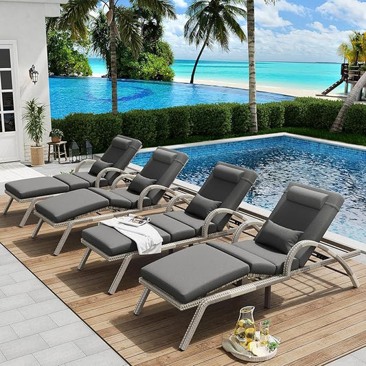 MEISSALIVVE Outdoor Lounge Chairs Set of 4, Patio Chaise Loungers with Adjustable 5 Position & Leg Support, PE Rattan Chaise Lounge, Wicker Pool Recliners Chair for Backyard, Porch, Deck, （Grey