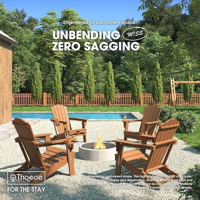 Folding Adirondack Chair Set of 4, HDPE All-Weather Outdoor Chair with Cup Holder, Wooden Textured, Fire Pit Chair - Photo 2
