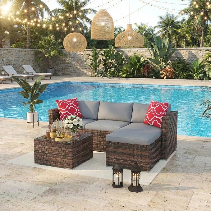 5-Piece Patio Sectional Sofa Set, All-Weather Brown PE Rattan Outdoor Conversation Furniture with Neutral-Tone Cushions - Photo 1