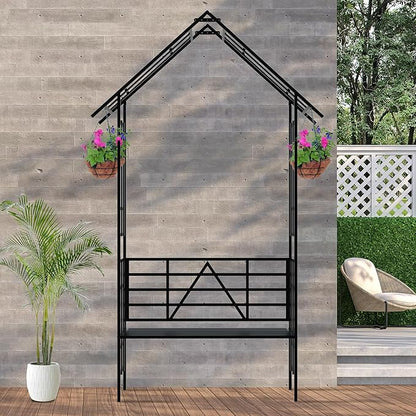 Convertible Metal Garden Bench & Trellis 58" W, Outdoor Seating with Plant Stand, Steel Arbor for Roses, Ivy, Jasmine