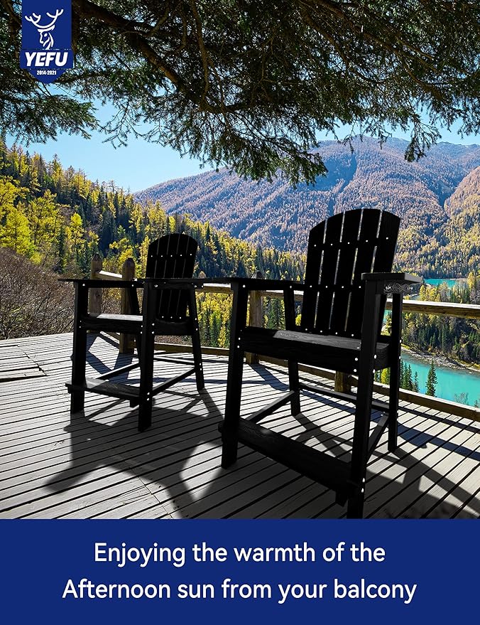 YEFU Balcony Chair, Tall Adirondack Chair Set of 2 with Connecting Tray, Poly Lumber Adirondack Chair Bar Stools, Patio Stools, 380lbs, Weather Resistant for Outdoor Deck Lawn Pool Backyard-Black