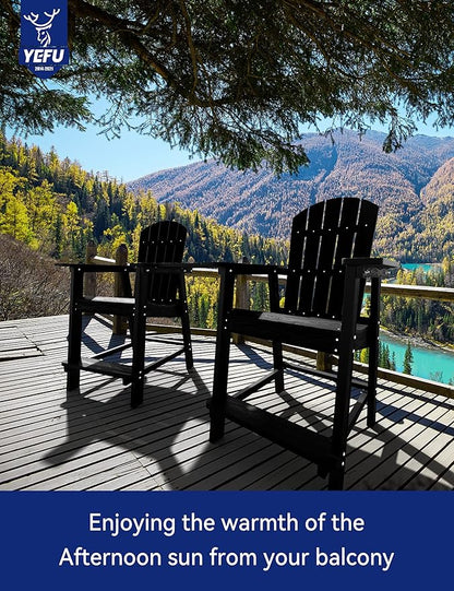 YEFU Tall Adirondack Chair Set of 4, Balcony Chair with Connecting Table, Poly Lumber Adirondack Chair, Patio Bar Stools, 380lbs, Weather Resistant for Outdoor Deck Lawn Pool-Black