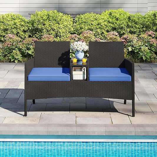 HAPPYGRILL Outdoor Rattan Loveseat, 2-Seat Patio Conversation Set with Built-in Coffee Table, Cushions, Wicker Bench Furniture for Backyard, Garden, Balcony, Porch (Navy)