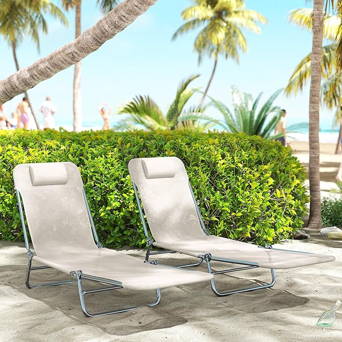 Outsunny 2 Piece Folding Chaise Lounge Chairs, Pool Sun Tanning Chairs with Reclining Back, Breathable Mesh Seat - Photo 7