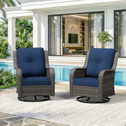 Swivel Rocker Patio Chairs Set of 2 - Outdoor Wicker Patio Furniture Set 2 Pieces with Thickened Olefin Cushions, High Back and Deep Seating, Hand-Woven PE Rattan for Porch, Deck, Blue