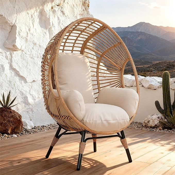 Patio Egg Chair, Oversized Outdoor Wicker Egg Chair with 8" Thick Cushion, PE Rattan Lounge Chair with Steel Frame for Balcony, Backyard, Garden, Sunroom, Beige