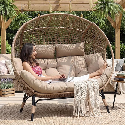 NICESOUL® Double Egg Chair Indoor Outdoor Stationary Oversized Thicken Padded Cushions,2 Person Egg Loveseat Chair, Extra Large Lounge Chair for Patio Balcony Porch Brown