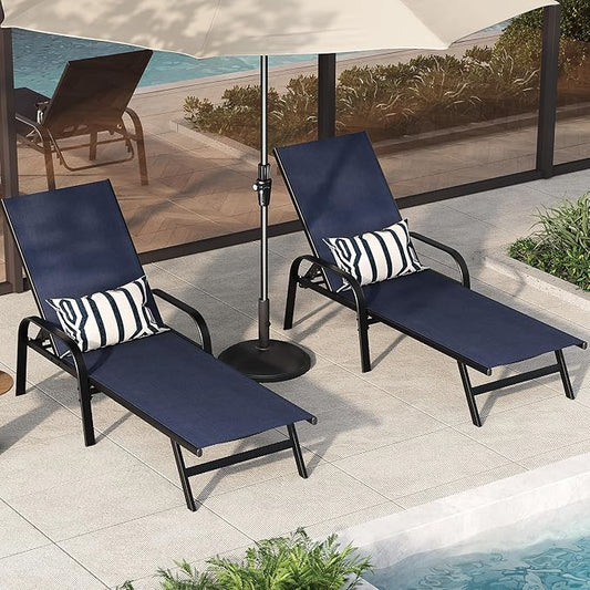 Outdoor Lounge Chair, Adjustable Patio Reclining Chaise with Textilene Fabric, Pool Lounge Chair with 5-Position Backrest for Patio, Garden, Poolside & Balcony,Navy Blue Set of 8