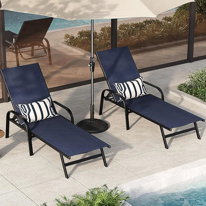 Outdoor Lounge Chair, Adjustable Patio Reclining Chaise with Textilene Fabric, Pool Lounge Chair with 5-Position Backrest for Patio, Garden, Poolside & Balcony,Navy Blue Set of 2
