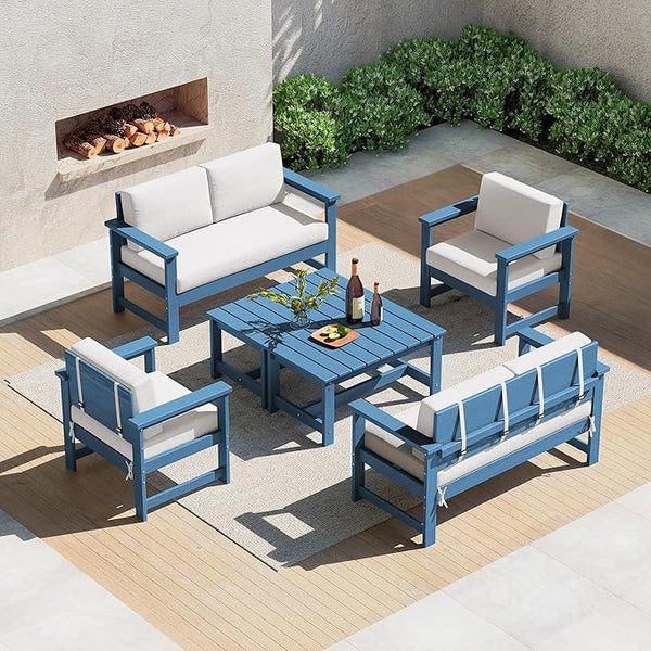 SERWALL 6 Pieces HDPE Outdoor Sofa Set with Cushions - Photo 1