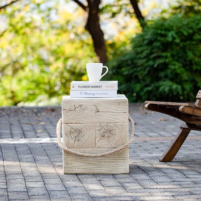 Outdoor Side Table Concrete End Table Faux Stump Side Tables with Braided Cord Small Square Coffee Tables for Indoor Outdoor, Garden Stool Plant Stand for Porch, Patio,Cement Gray