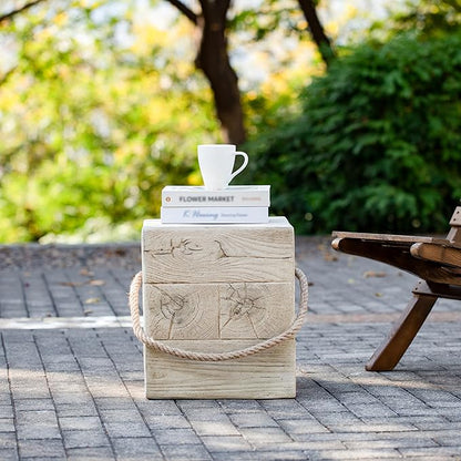 Outdoor Side Table Concrete End Table Faux Stump Side Tables with Braided Cord Small Square Coffee Tables for Indoor Outdoor, Garden Stool Plant Stand for Porch, Patio,Cement Gray