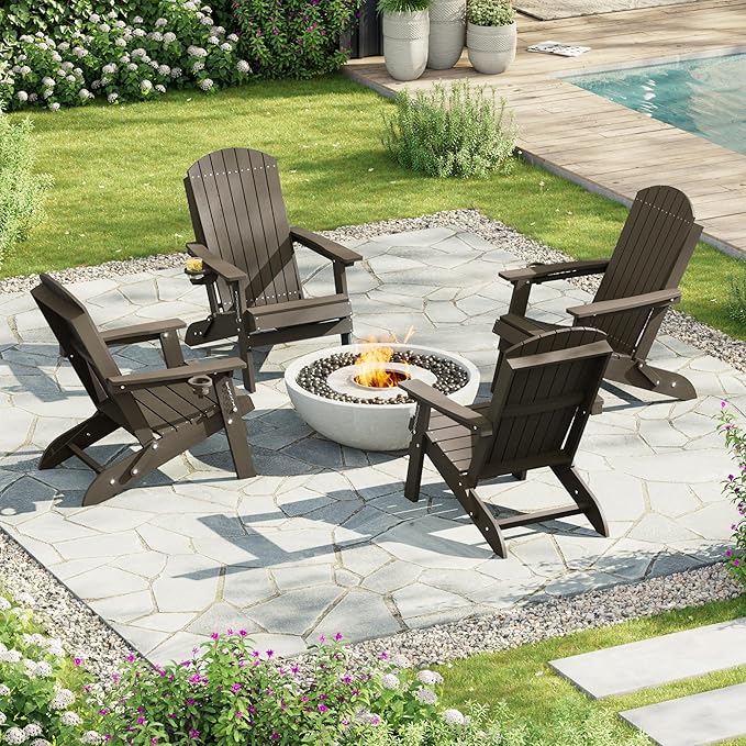 HDPE Foldable Adirondack Outdoor Chair Set of 4 with Cup Holder, Weather Resistant Heavy-Duty Patio Chair for Patio, Backyard, Deck, Fire Pit, Lawn and Porch, Brown