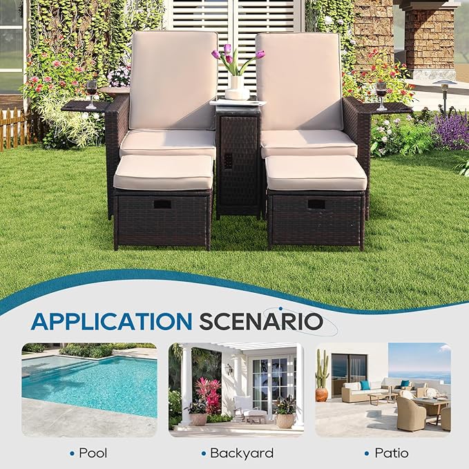 5PCS Outdoor Wicker Chaise Lounge Chair - Rattan Adjustable Reclining Patio Lounge Chair with Ottoman and Coffee Table, for Patio Beach Pool Backyard (Brown Wicker Khaki Cushion)