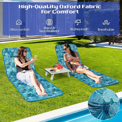 Tangkula 3 Pieces Beach Chairs for Adults, Lightweight Lawn Lounge Chairs with 5 Adjustable Recline Position, Zipper Pocket, Backpack 2 Pack Beach Chairs Set with Folding Side Table (Teal)