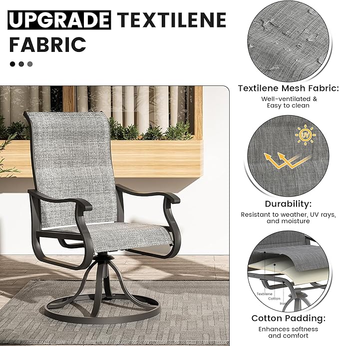 Patio Swivel Chairs Set of 2, Outdoor Dining Chairs with High Back, All-Weather Swivel Rocker Chair for Lawn, Porch or Garden (Padded Dark Grey)