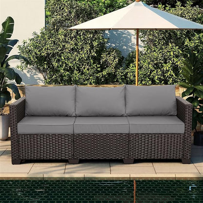 Valita Patio Furniture 3-seat Sofa Brown Wicker Outdoor Furniture Outdoor Couch Deep Seat High Backrest Waterproof Cover Anti-Slip Washable Cushions, Grey