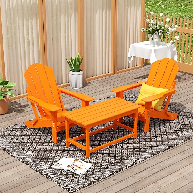 WO Home Furniture Adirondack Chairs Table Set of 3 PCS Outdoor Folding Chairs Coffee Table Weather/UV Resistant for Lawn - Photo 2