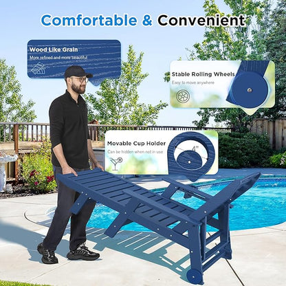 nalone HDPE Chaise Lounge Chair Outdoor with Wheels & Cup Holder, Pool Lounge Chairs with 5-Position Adjustable Backrest, Supports Up to 400 LBS for Patio Poolside Deck Beach Backyard (Navy Blue)