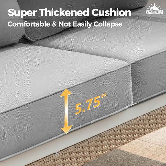 Metal Patio Furniture Loveseat with 5.75" Extra Thick Waterproof Cushion, 2-Seater Deep Seating & High-Back White Outdoor Couch All Weather Outdoor Seating for Gazebo Porch, Light Gray