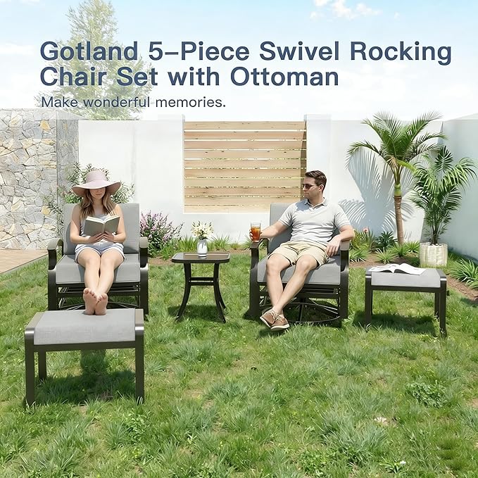 Gotland 5 Piece Patio Set, Aluminum Outdoor Swivel Chairs Set of 2 with 2 Ottoman 5.1’’ High-Resilience Seat Cushions - Photo 4
