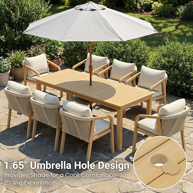 Wisteria Lane 9 Pieces Acacia Outdoor Patio Table and Chairs Set for 8, Patio Outdoor Dining Table Set with Cushion, Modern Outdoor Patio Table Set for Lawn Backyard Garden Deck, Beige