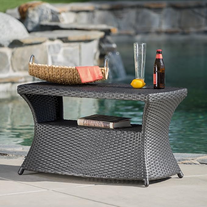 Outdoor Rattan Side Table with Umbrella Hole, All Weather 2 Tier Rattan Wicker Coffee End Table with Storage Shelf for Garden Porch Deck Backyard, No Assembly Required (Grey)