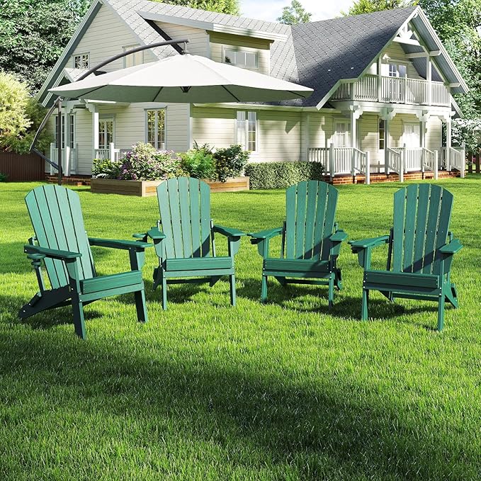 Folding Adirondack Chair Set of 4, HDPE Outdoor Patio Chair with Cup Holder, All Weather Plastic Lawn Chair with Wide Armrests, Portable Patio Chair for Backyard Deck Garden Fire Pit Poolside, Green