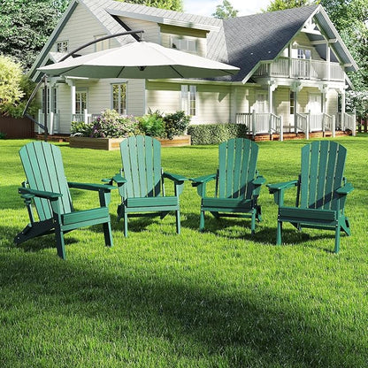 Folding Adirondack Chair Set of 4, HDPE Outdoor Patio Chair with Cup Holder, All Weather Plastic Lawn Chair with Wide Armrests, Portable Patio Chair for Backyard Deck Garden Fire Pit Poolside, Green