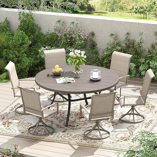 Patio Dining Table for 6-8, Round Metal Outdoor Table with 1.57" Umbrella Hole, 53" Outdoor Slat Tabletop Dining Table for Backyard, Porch, Lawn, Grey
