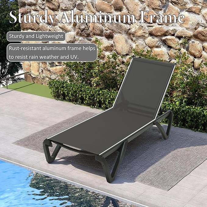 Domi Pool Lounge Chairs Set of 2 with Side Table, Aluminum Adjustable Outdoor Chaise Lounge with Wheels - Photo 3